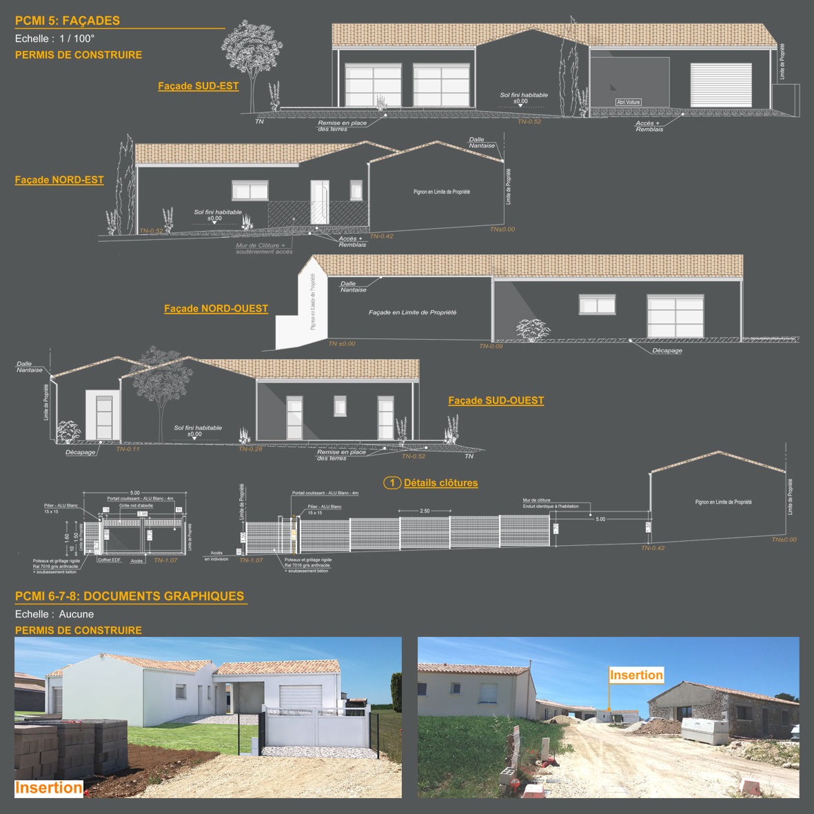 Plans permis de construire, maison en L plus garage et abri voiture, 2 chambres, 106 m² habitables